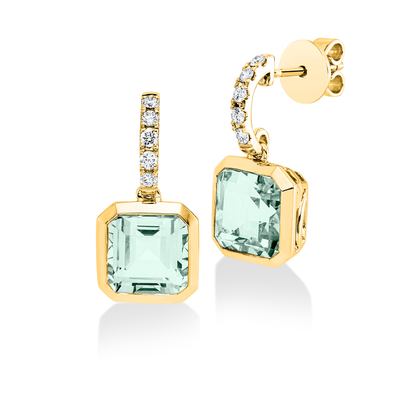Ohrschmuck 18 kt GG, 10 Brill. 0,22 ct, TW-si, 2 Amethyste 4,80 ct grün