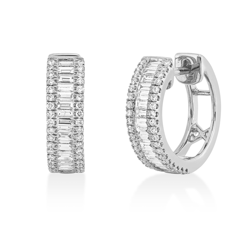 Creolen 18 kt WG, 33 Bag. 0,47 ct, TW-si, 76 Brill. 0,27 ct, TW-si