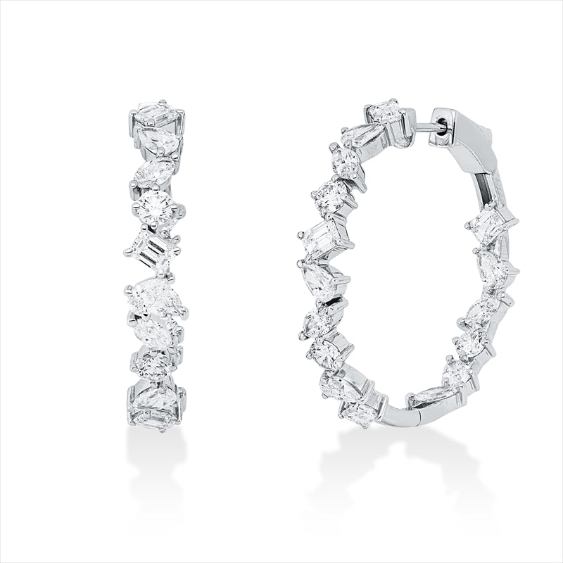 Creolen 14 kt WG, 8 Nav. 0,87 ct, 10 Tropfen 1,46 ct, 8 Sm.schliff 1,53 ct, F-si, 6 Brill. 0,89 ct, F-si