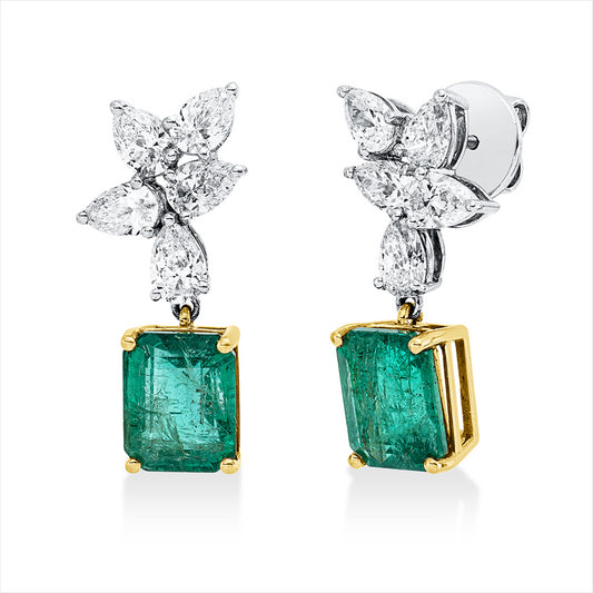 Ohrschmuck 18 kt WG+GG, 10 Tropfen 2,58 ct, TW-vsi/si, 2 Smaragde 5,70 ct grün