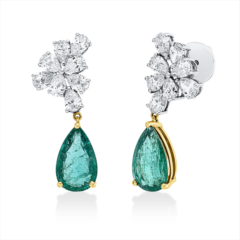 Ohrschmuck 18 kt WG+GG, 16 Tropfen 3,03 ct, TW-vsi/si, 2 Smaragde 5,69 ct grün