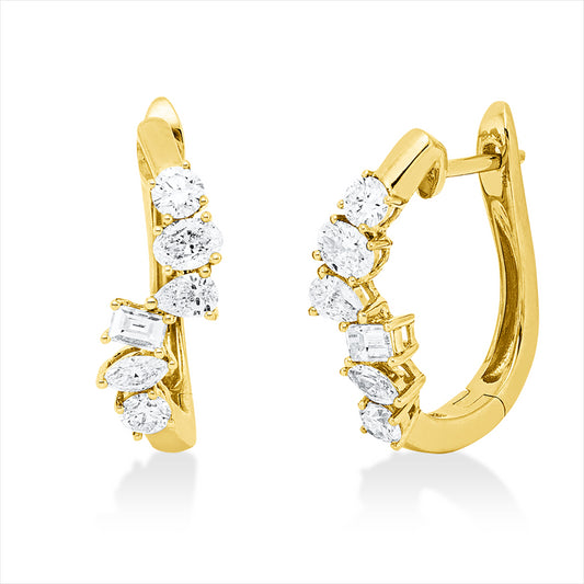 Creolen 18 kt GG, 2 Tropfen 0,14 ct, TW-si, 2 Oval 0,18 ct, TW-si, 2 Nav. 0,10 ct, TW-si, 2 Bag. 0,14 ct, TW-si, 4 Brill. 0,28 ct, TW-si