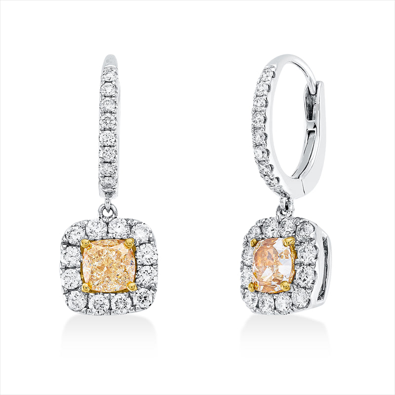 Ohrschmuck 18 kt WG+GG, 40 Brill. 0,74 ct, TW-si, 2 Cushion 1,42 ct, gelb