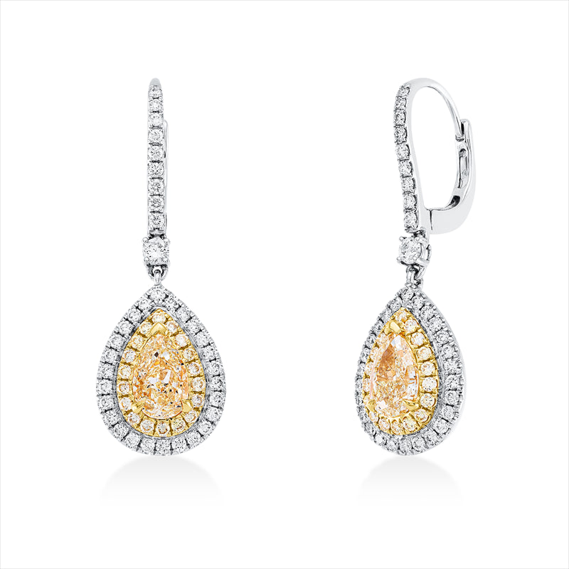 Ohrschmuck 18 kt WG+GG, 72 Brill. 0,53 ct, TW-si, 2 Tropfen 1,41 ct, gelb, 36 Brill. 0,23 ct, gelb