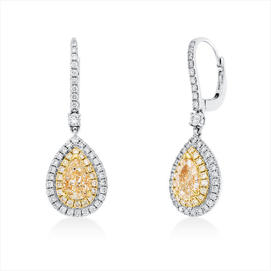 Ohrschmuck 18 kt WG+GG, 72 Brill. 0,53 ct, TW-si, 2 Tropfen 1,41 ct, gelb, 36 Brill. 0,23 ct, gelb