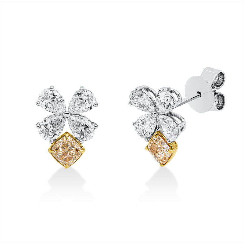 Ohrstecker 18 kt WG+GG, 2 Cushion 0,70 ct, gelb, 8 Tropfen 1,44 ct, TW-vsi