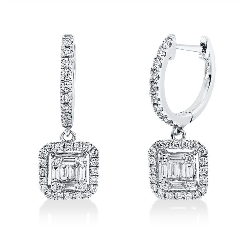 Ohrschmuck 18 kt WG, 12 Bag. 0,25 ct, TW-vsi, 68 Brill. 0,36 ct, TW-si