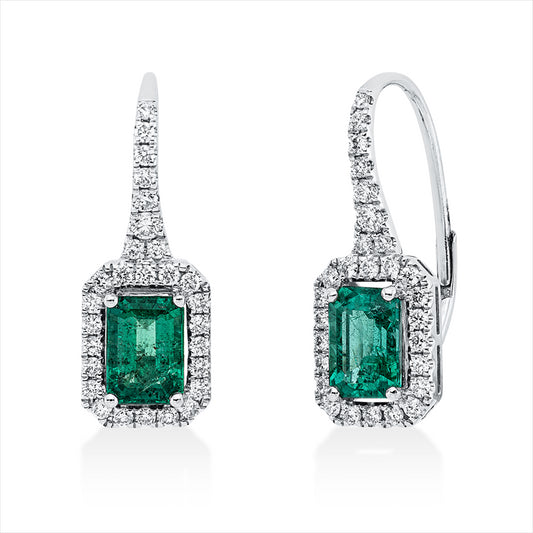 Ohrschmuck 18 kt WG, 56 Brill. 0,55 ct, TW-si, 2 Smaragde 1,93 ct grün