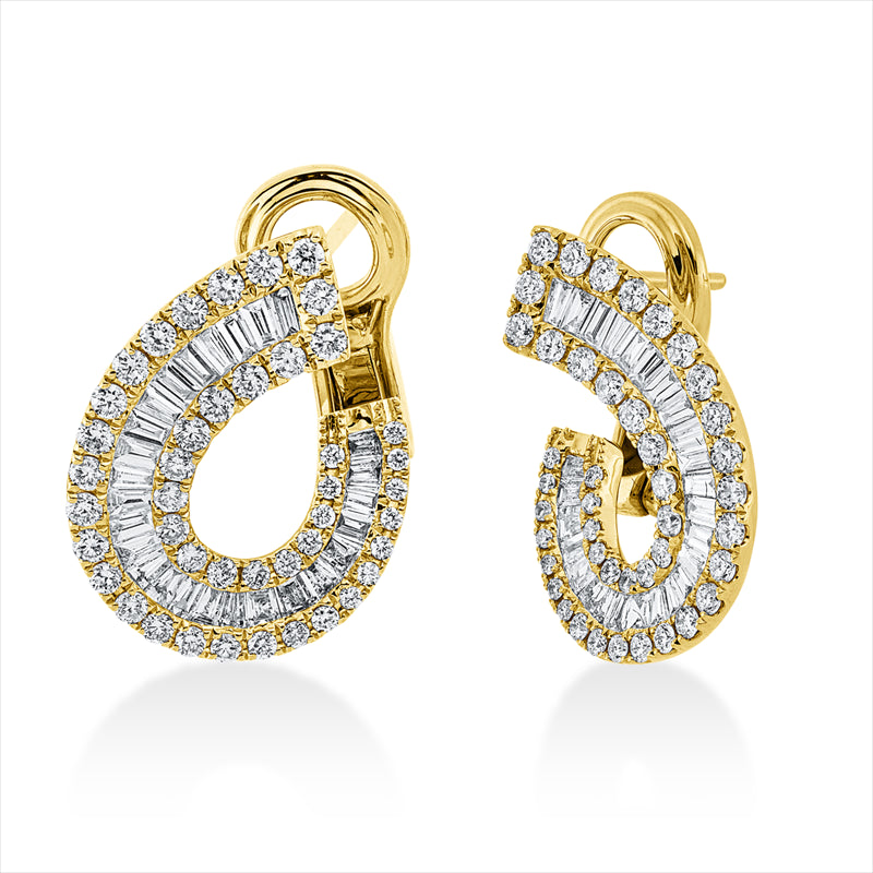 Creolen 18 kt GG, 52 Bag. 0,62 ct, TW-vsi/si, 86 Brill. 0,79 ct, TW-vsi/si
