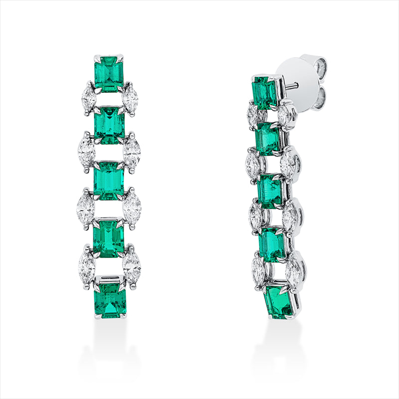 Ohrschmuck 18 kt WG, IGI_43J6393525, 16 Nav. 1,23 ct, TW-vsi, 10 Smaragde 3,88 ct grün