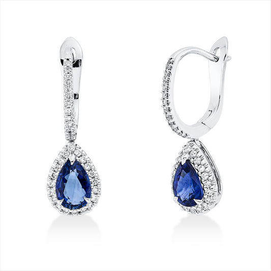 Ohrschmuck 18 kt WG, 66 Brill. 0,28 ct, W-si, 2 Saphire 1,99 ct blau