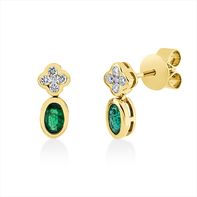 Ohrschmuck 18 kt GG, 8 Brill. 0,13 ct, TW-si, 2 Brill. 0,02 ct, TW-si, 2 Smaragde 0,40 ct grün