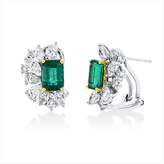 Ohrstecker 18 kt, 8 Tropfen 0,81 ct, 6 Nav. 0,48 ct, 6 Dia. 0,14 ct, TW-si, 2 Smaragde 1,79 ct grün