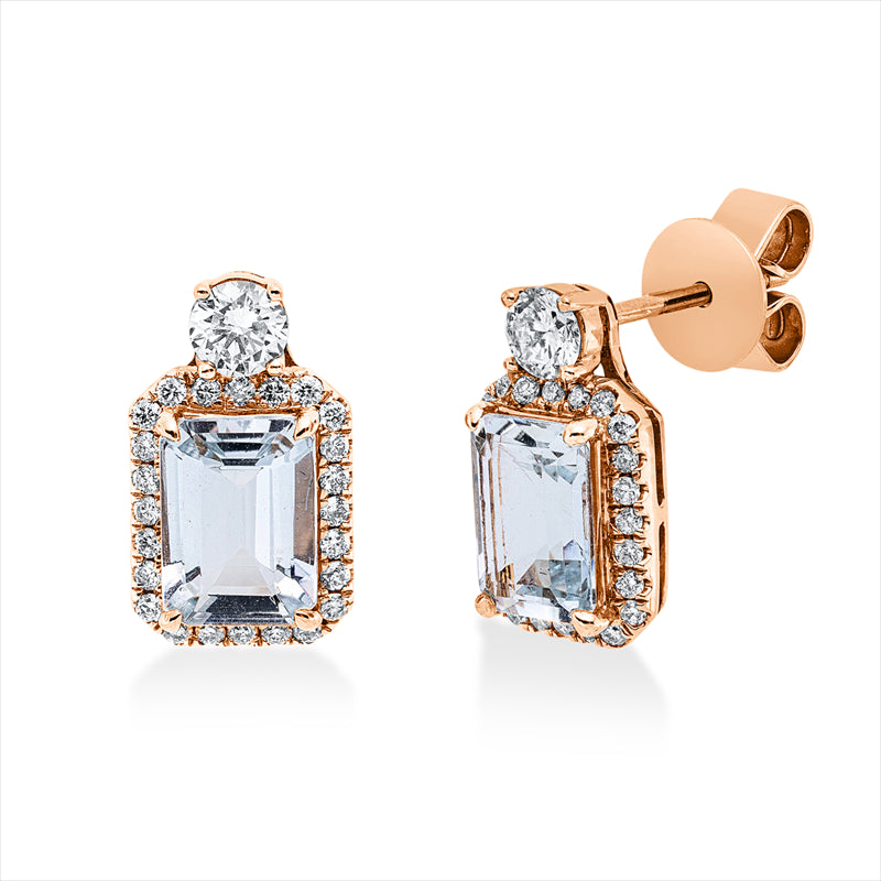 Ohrstecker 18 kt RG, 2 Brill. 0,24 ct, TW-si, 48 Brill. 0,19 ct, TW-si, 2 Aquamarin 1,61 ct blau