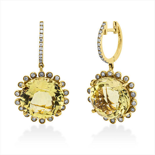 Ohrschmuck 18 kt GG, 60 Brill. 0,59 ct, fancy-pi, 2 Lemonquarz 19,78 ct grün