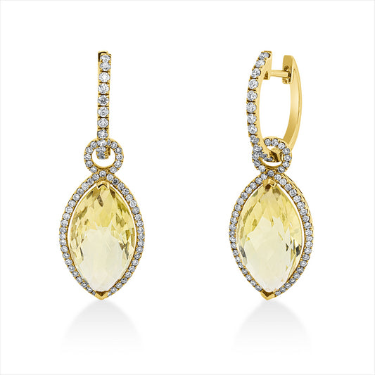 Ohrschmuck 18 kt GG, 136 Brill. 0,73 ct, TW-si, 2 Lemonquarz 11,01 ct grün