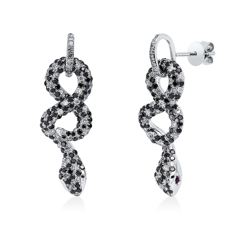 Ohrschmuck 18 kt WG, 104 Brill. 0,72 ct, W-pi, 188 Brill. 1,36 ct, schwarz, 4 Rubine 0,08 ct rot