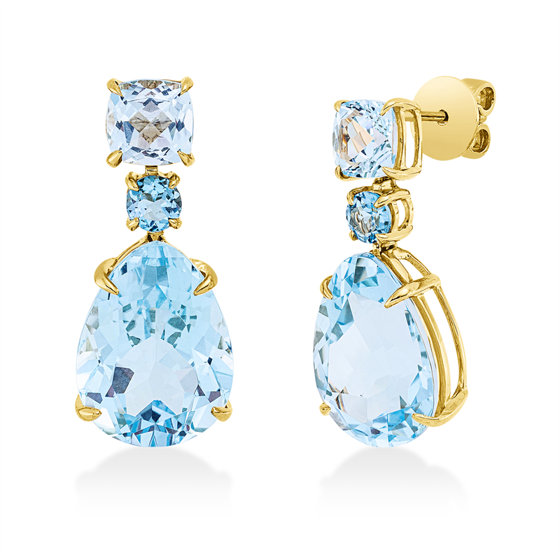 Ohrschmuck 18 kt GG, 2 Topase 2,70 ct sky blue, 2 Topase 17,20 ct sky blue, 2 Topase 0,70 ct sky blue