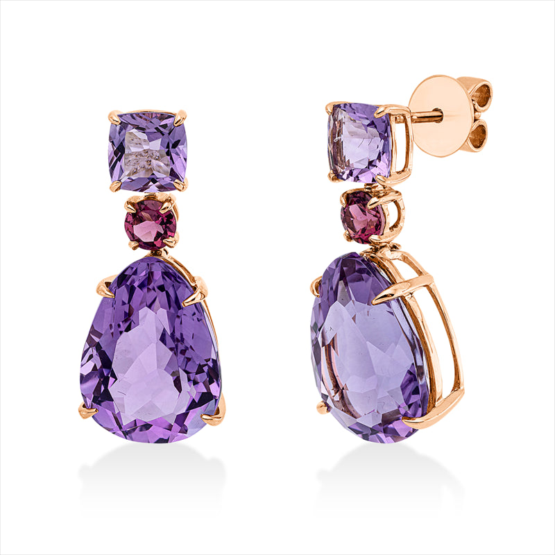 Ohrschmuck 18 kt RG, 2 Ame 2,00 ct lila, 2 Ame 13,30 ct lila, 2 Turmalin 0,60 ct pink