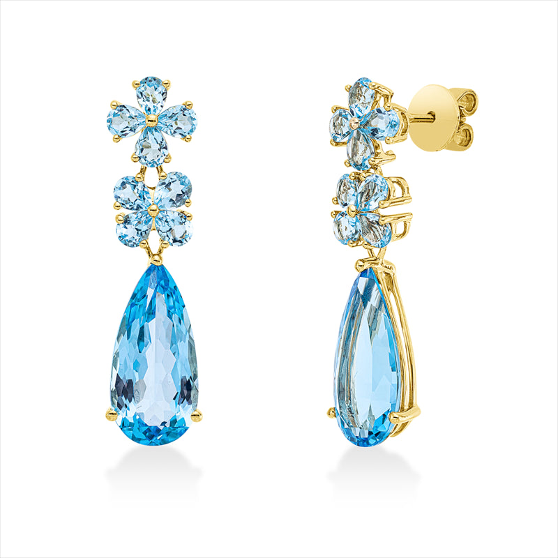 Ohrschmuck 18 kt GG, 2 Topase 11,10 ct blau, 16 Topase 3,10 ct blau