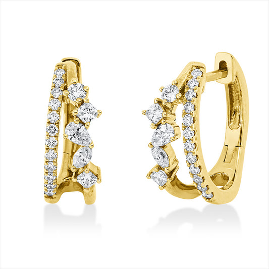 Creolen 14 kt GG, 2 Nav. 0,05 ct, 2 Tropfen 0,08 ct, 4 Princ. 0,13 ct, 26 Brill. 0,21 ct, W-si