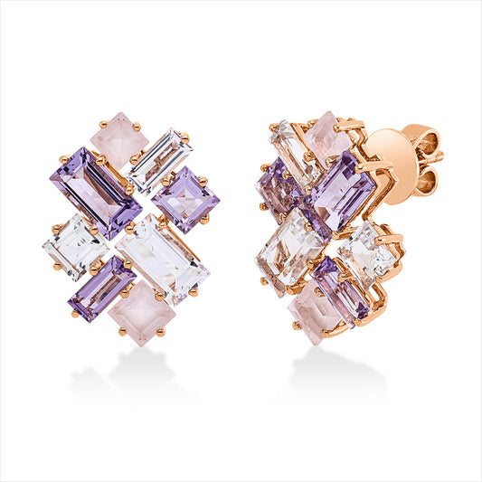 Ohrstecker 18 kt RG, 6 Amethyste 2,50 ct grün, 6 Amethyste 2,50 ct pink, 4 Quarz 1,20 ct rosa