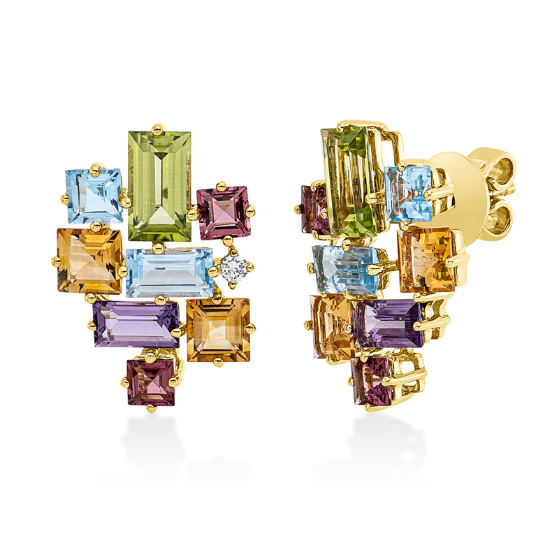 Ohrstecker 18 kt GG, 2 Brill. 0,06 ct, TW-si, 6 Farbsteine 3,00 ct multicolor, 10 Farbsteine 2,90 ct multicolor