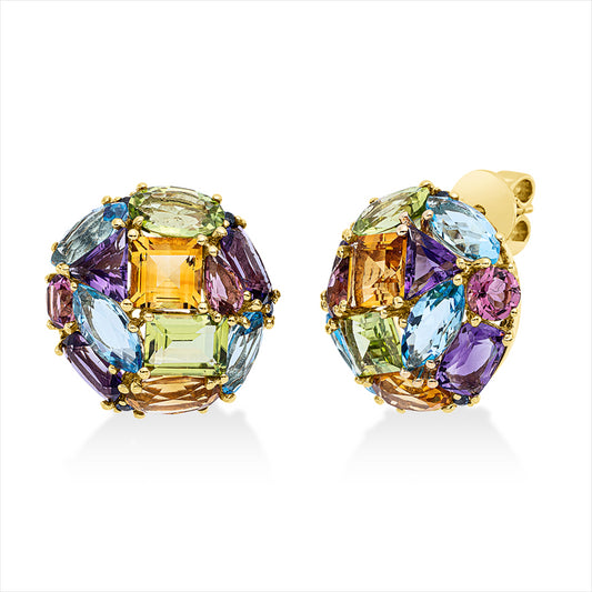Ohrstecker 18 kt GG, 20 Farbsteine 9,50 ct multicolor, 4 Peridot 3,50 ct grün, 8 Saphire 0,12 ct blau