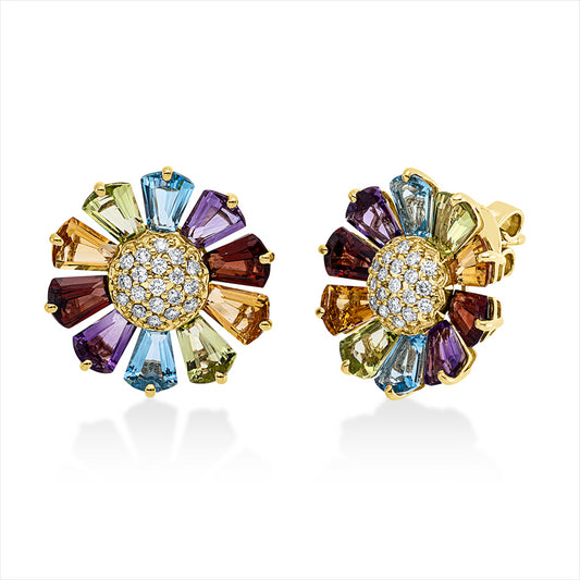 Ohrstecker 18 kt GG, 38 Brill. 0,34 ct, TW-si, 20 Farbsteine 6,40 ct multicolor