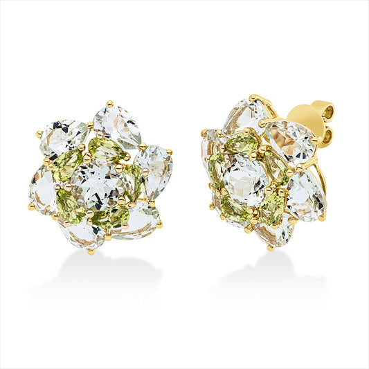 Ohrstecker 18 kt GG, 12 Amethyste 7,80 ct grün, 2 Amethyste 2,50 ct grün, 10 Peridot 2,10 ct grün
