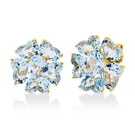 Ohrstecker 18 kt GG, 12 Brill. 0,09 ct, TW-si, 2 Topase 3,10 ct sky blue, 10 Topase 10,80 ct sky blue