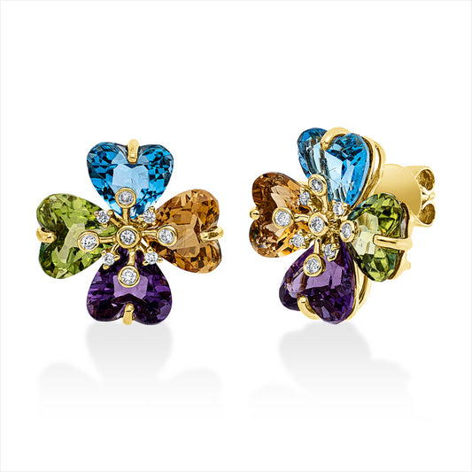 Ohrstecker 18 kt GG, 18 Brill. 0,17 ct, TW-si, 8 Farbsteine 11,40 ct multicolor