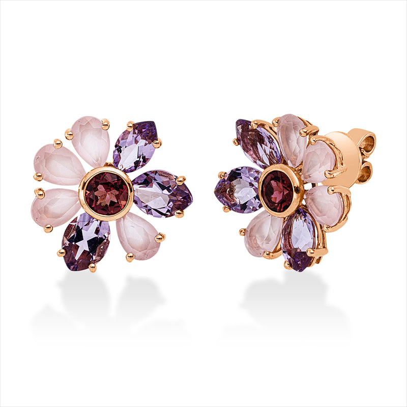 Ohrstecker 18 kt RG, 8 Quarz 2,80 ct rosa, 6 Amethyste 3,40 ct pink, 2 Turmalin 0,80 ct pink