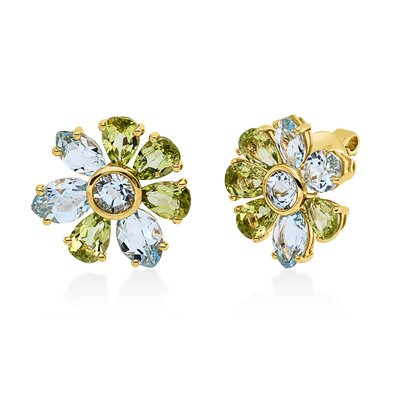 Ohrstecker 18 kt GG, 8 Peridot 3,50 ct grün, 6 Topase 4,00 ct sky blue, 2 Topase 0,90 ct sky blue