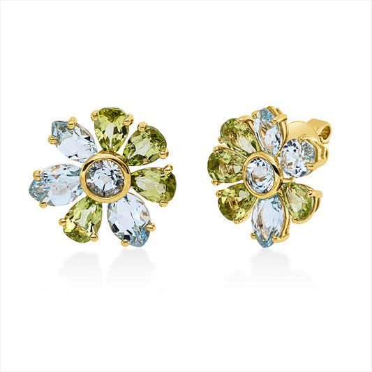 Ohrstecker 18 kt GG, 8 Peridot 3,50 ct grün, 6 Topase 4,50 ct sky blue, 2 Topase 0,90 ct sky blue