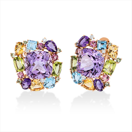 Ohrstecker 18 kt RG, 6 Brill. 0,20ct, TW-si, 2 Amethyste 15,50ct pink, 32 Farbsteine 10,96ct multicolor