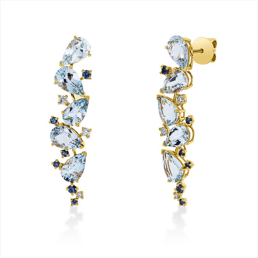 Ohrschmuck 18 kt GG, 6 Brill. 0,21 ct, TW-si, 10 Aquamarin 6,60 ct blau, 12 Saphire 0,49 ct blau