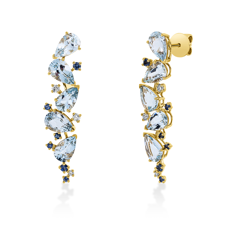 Ohrschmuck 18 kt GG, 6 Brill. 0,21 ct, TW-si, 10 Aquamarin 6,40 ct blau, 12 Saphire 0,50 ct blau