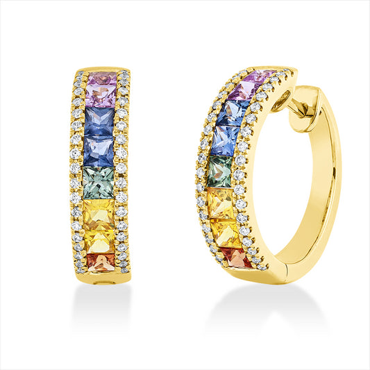 Creolen 18 kt GG, 76 Brill. 0,30 ct, TW-si, 16 Saphire 2,50 ct fancy