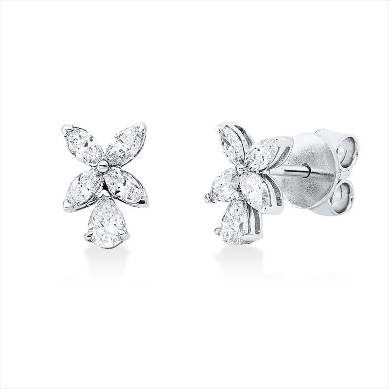 Ohrschmuck 18 kt WG, 2 Tropfen 0,17 ct, TW-si, 8 Nav. 0,36 ct, TW-si