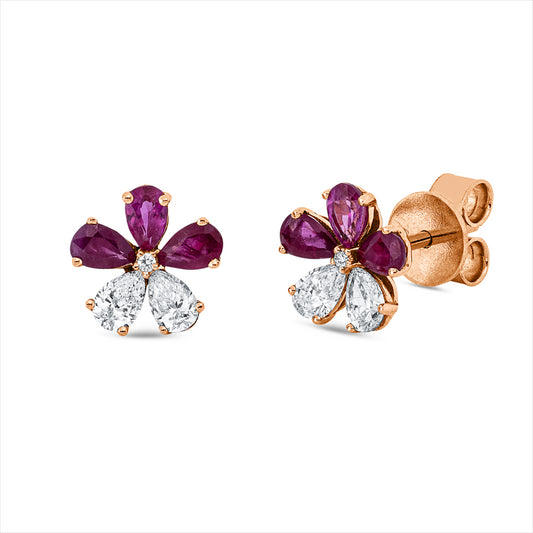 Ohrstecker 18 kt RG, 4 Tropfen 0,50 ct, TW-si, 2 Brill. 0,02 ct, TW-si, 6 Rubine 0,81 ct rot