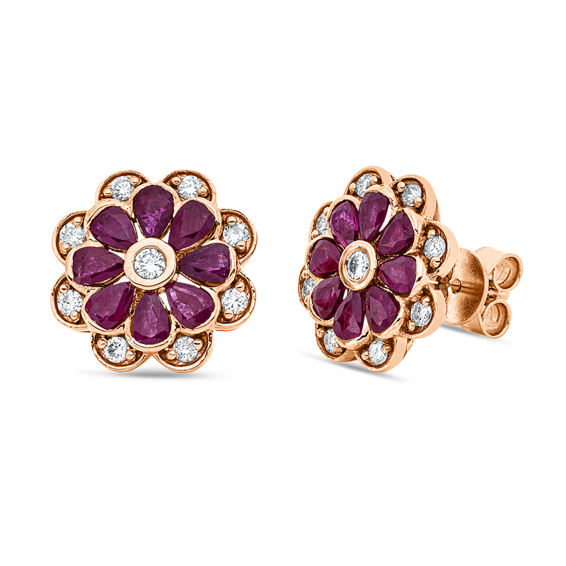 Ohrstecker 18 kt RG, 2 Brill. 0,08 ct, TW-si, 16 Brill. 0,40 ct, TW-si, 16 Rubine 2,20 ct rot