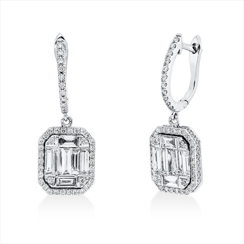 Ohrschmuck 14 kt WG, 12 Bag. 0,77 ct, F-vsi, 2 Bag. 0,16 ct, F-vsi, 152 Brill. 0,63 ct, F-si