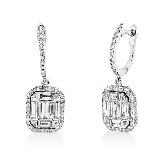 Ohrschmuck 14 kt WG, 12 Bag. 0,77 ct, F-vsi, 2 Bag. 0,16 ct, F-vsi, 152 Brill. 0,63 ct, F-si