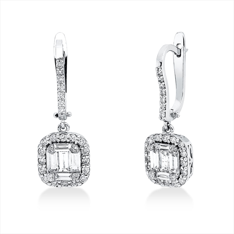 Ohrschmuck 14 kt WG, 4 Bag. 0,18 ct, F-vsi, 6 Bag. 0,66 ct, F-vsi, 54 Brill. 0,49 ct, F-si