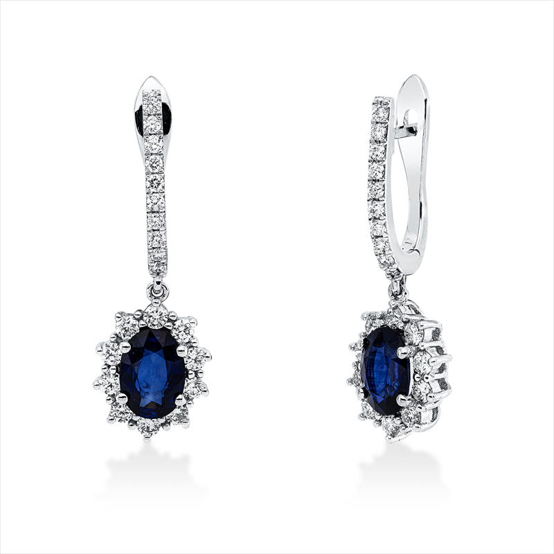 Ohrschmuck 18 kt WG, 20 Brill. 0,52 ct, F-si, 20 Brill. 0,20 ct, F-si, 2 Saphire 1,97 ct blau