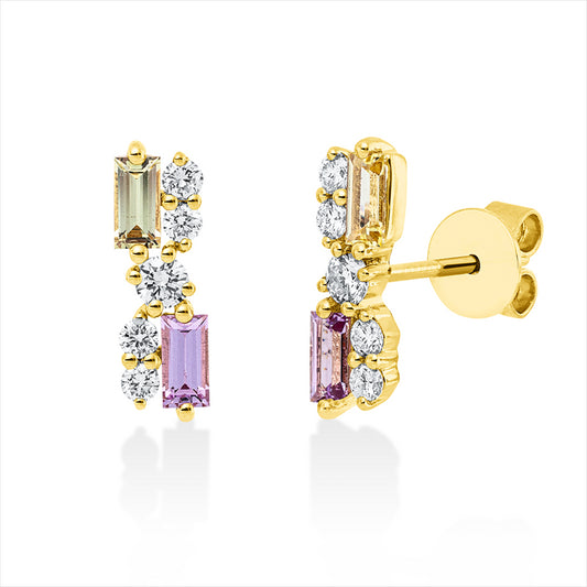 Ohrstecker 18 kt GG, 10 Brill. 0,26 ct, I-pi, 4 Saphire 0,50 ct multicolor
