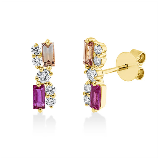 Ohrstecker 18 kt GG, 10 Brill. 0,27 ct, I-si/pi, 2 Saphire 0,25 ct multicolor, 2 Saphire 0,27 ct multicolor