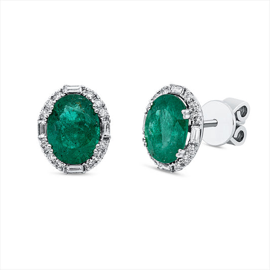Ohrstecker 18 kt WG, 8 Bag. 0,10 ct, F-vsi, 12 Brill. 0,18 ct, F-si, 2 Smaragde 2,31 ct grün