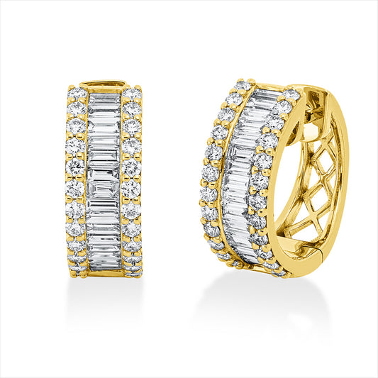 Creolen 18 kt GG, 32 Bag. 0,62 ct, TW-vsi, 48 Brill. 0,52 ct, TW-si